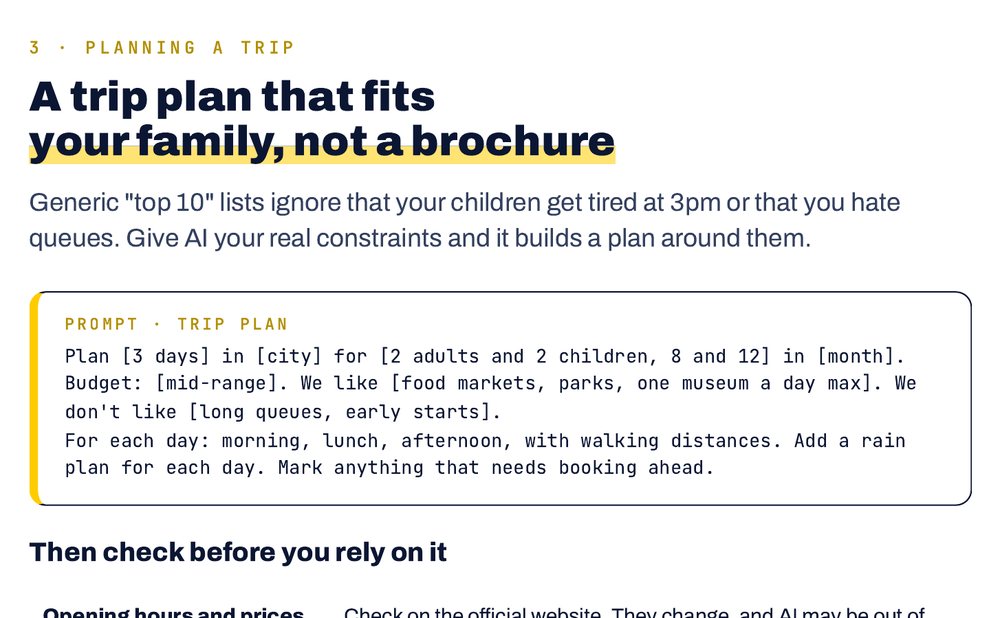 Excerpt from the guide: a trip-planning prompt ready to copy